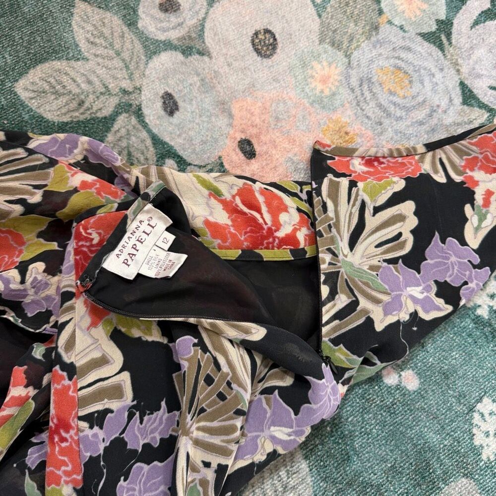 Silk Midi Skirt Vintage Adrianna Papell Size 12 Floral Print High Low Black Red - Picture 13 of 16